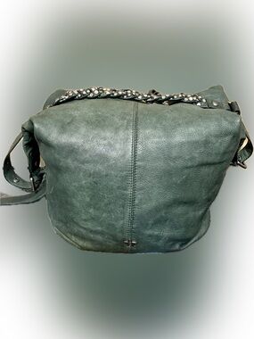 Ash Green Leather Satchel with Studded Chain Detail